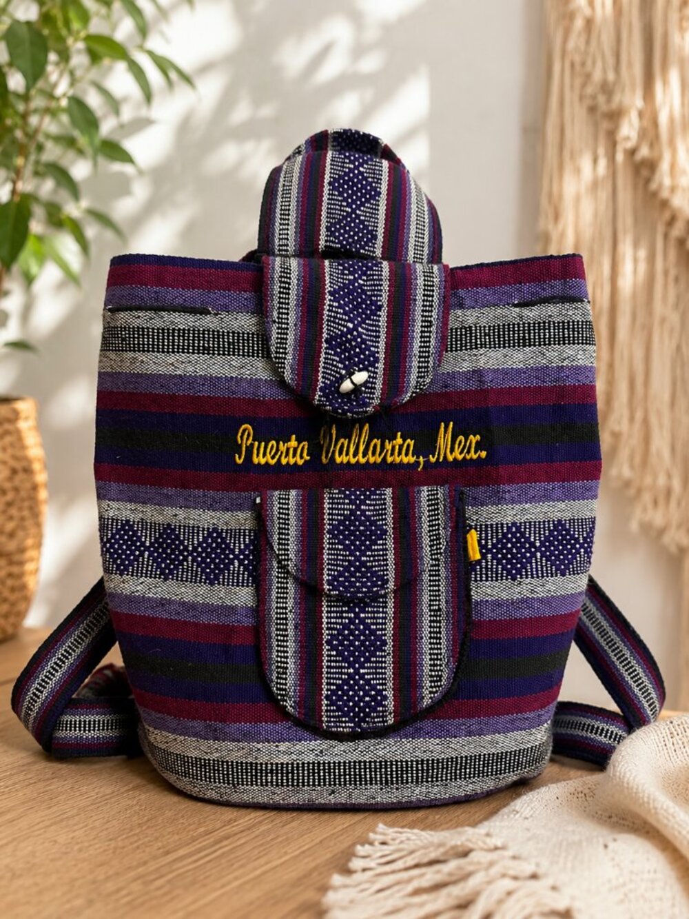 VTG Puerto Vallarta Mexico Cotton Backpack Handmade Woven Boho Hippie Festival